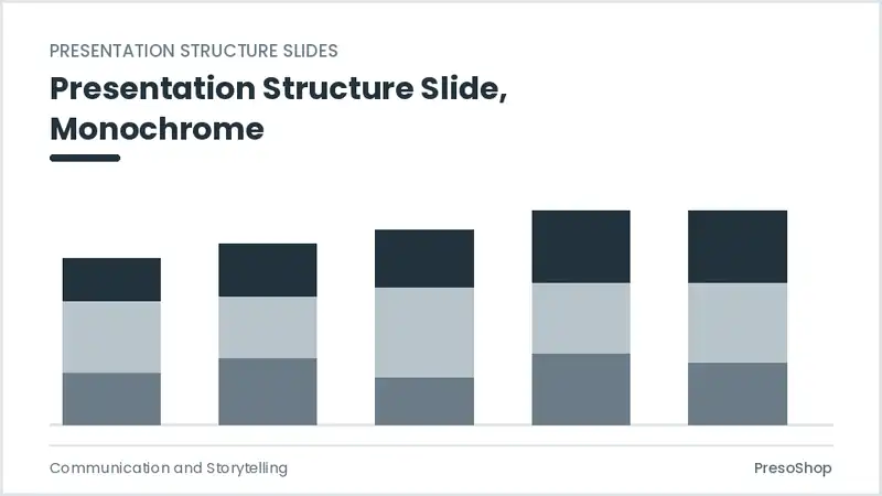 Editable PowerPoint presentation structure slide template in a monochrome treatment, built from recolourable native shapes for communication and storytelling decks