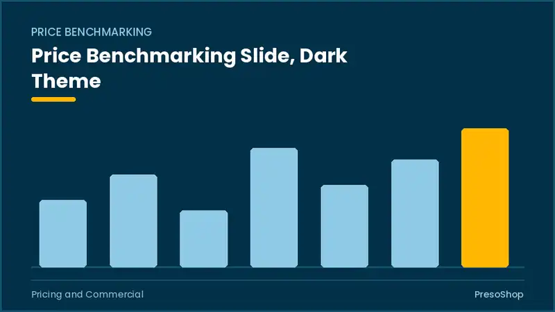 Editable PowerPoint price benchmarking slide template in a dark theme, built from recolourable native shapes for pricing and commercial decks