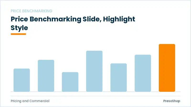 Editable PowerPoint price benchmarking slide template with an accented takeaway, built from recolourable native shapes for pricing and commercial decks