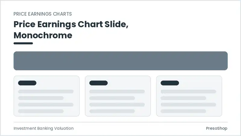 Editable PowerPoint price earnings chart slide template in a monochrome treatment, built from recolourable native shapes for investment banking valuation decks