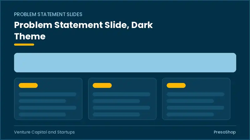 Editable PowerPoint problem statement slide template in a dark theme, built from recolourable native shapes for venture capital and startups decks