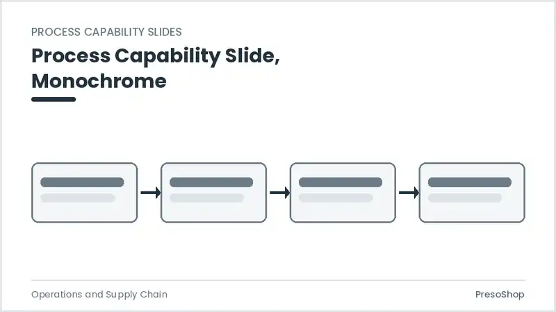 Editable PowerPoint process capability slide template in a monochrome treatment, built from recolourable native shapes for operations and supply chain decks