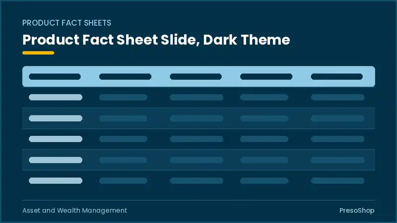 Editable PowerPoint product fact sheet slide template in a dark theme, built from recolourable native shapes for asset and wealth management decks