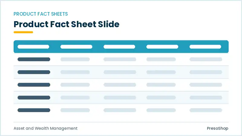 Editable PowerPoint product fact sheet slide template, built from recolourable native shapes for asset and wealth management decks