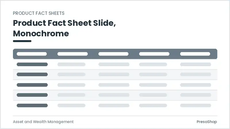 Editable PowerPoint product fact sheet slide template in a monochrome treatment, built from recolourable native shapes for asset and wealth management decks