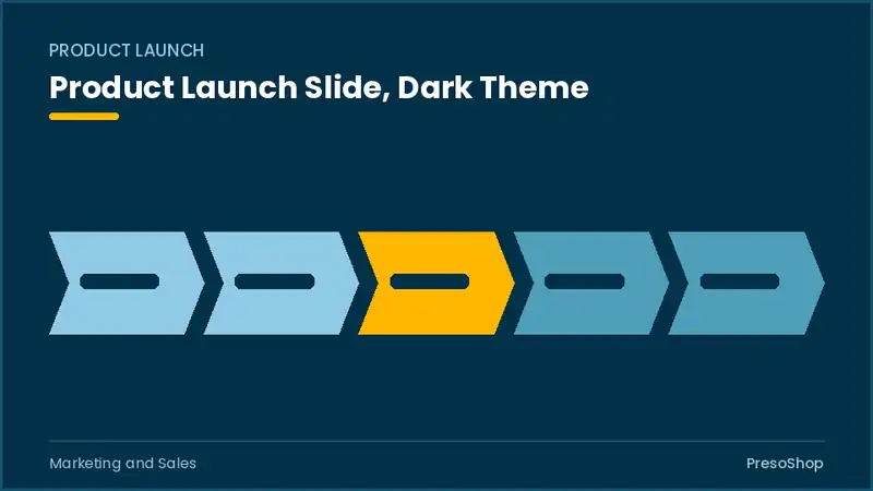 Editable PowerPoint product launch slide template in a dark theme, built from recolourable native shapes for marketing and sales decks