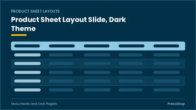 Editable PowerPoint product sheet layout slide template in a dark theme, built from recolourable native shapes for documents and one pagers decks