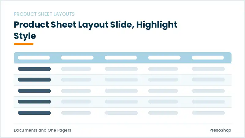Editable PowerPoint product sheet layout slide template with an accented takeaway, built from recolourable native shapes for documents and one pagers decks