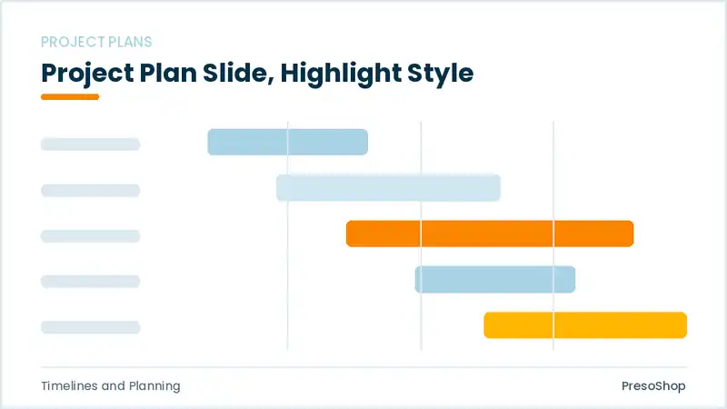 Editable PowerPoint project plan slide template with an accented takeaway, built from recolourable native shapes for timelines and planning decks