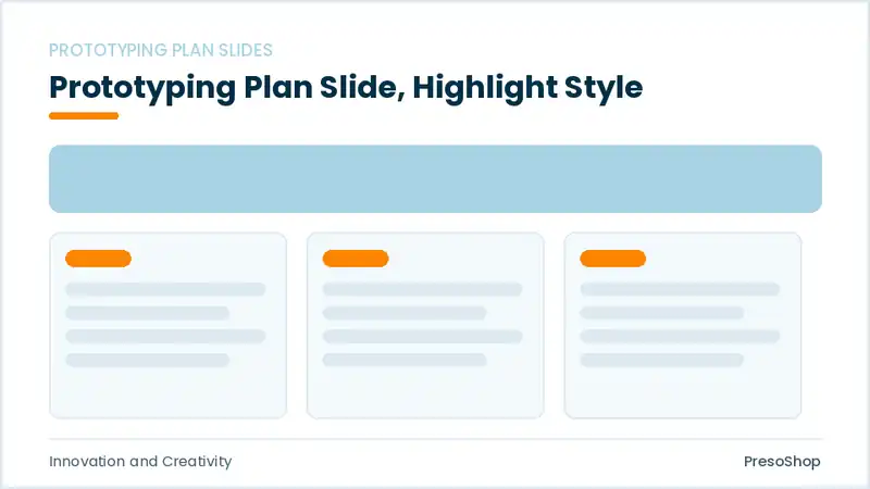 Editable PowerPoint prototyping plan slide template with an accented takeaway, built from recolourable native shapes for innovation and creativity decks