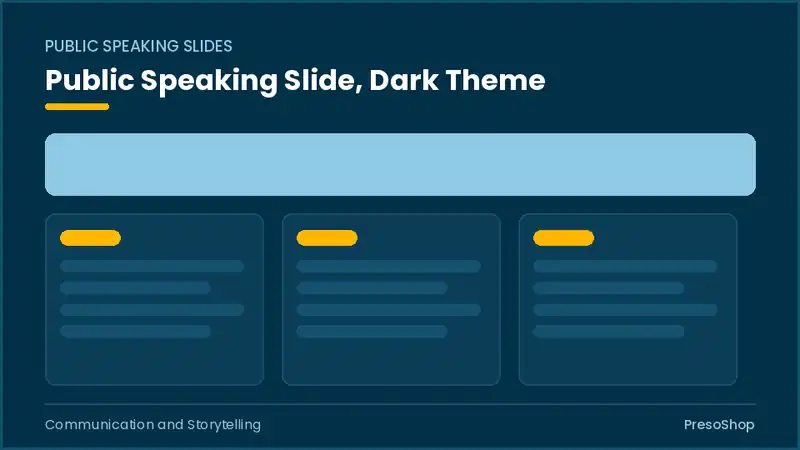 Editable PowerPoint public speaking slide template in a dark theme, built from recolourable native shapes for communication and storytelling decks