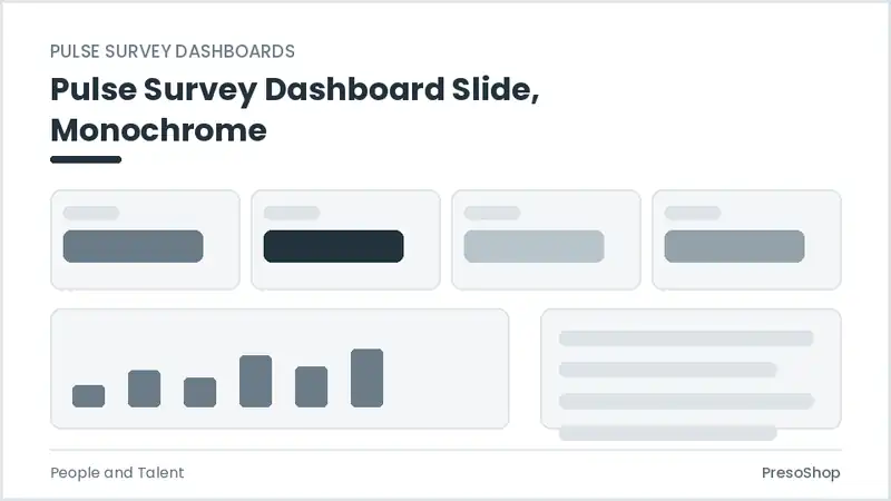 Editable PowerPoint pulse survey dashboard slide template in a monochrome treatment, built from recolourable native shapes for people and talent decks