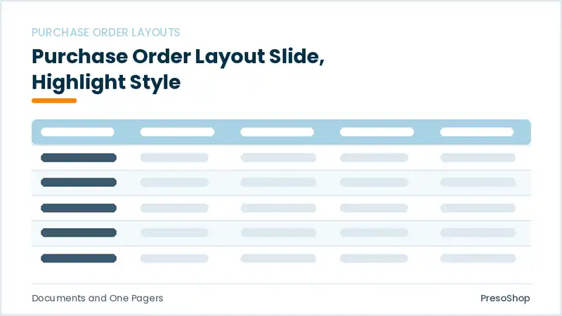 Editable PowerPoint purchase order layout slide template with an accented takeaway, built from recolourable native shapes for documents and one pagers decks