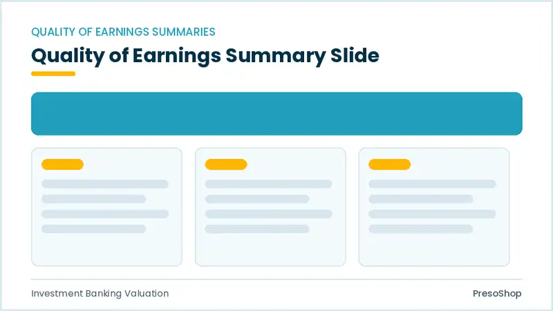 Editable PowerPoint quality of earnings summary slide template, built from recolourable native shapes for investment banking valuation decks