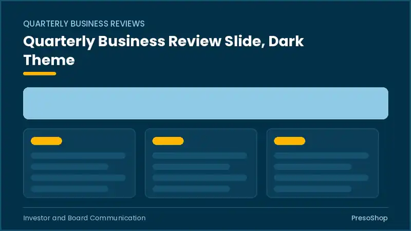 Editable PowerPoint quarterly business review slide template in a dark theme, built from recolourable native shapes for investor and board communication decks