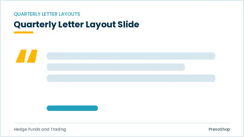 Editable PowerPoint quarterly letter layout slide template, built from recolourable native shapes for hedge funds and trading decks