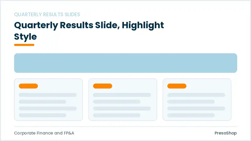 Editable PowerPoint quarterly results slide template with an accented takeaway, built from recolourable native shapes for corporate finance and fp&a decks