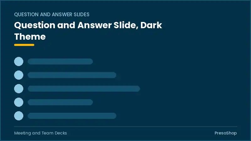Editable PowerPoint question and answer slide template in a dark theme, built from recolourable native shapes for meeting and team decks decks