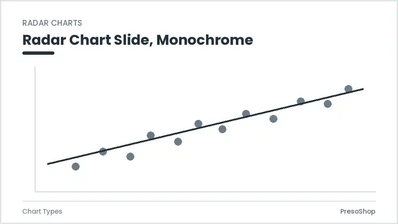 Editable PowerPoint radar chart slide template in a monochrome treatment, built from recolourable native shapes for chart types decks