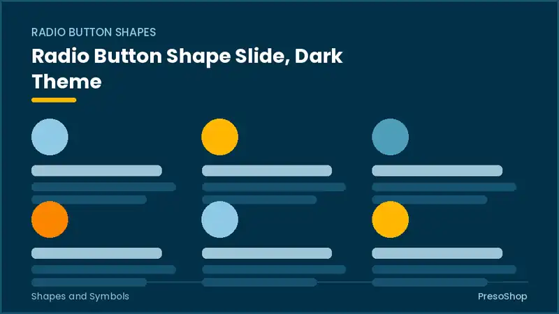 Editable PowerPoint radio button shape slide template in a dark theme, built from recolourable native shapes for shapes and symbols decks