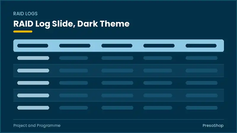 Editable PowerPoint raid log slide template in a dark theme, built from recolourable native shapes for project and programme decks