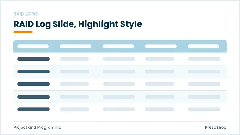 Editable PowerPoint raid log slide template with an accented takeaway, built from recolourable native shapes for project and programme decks