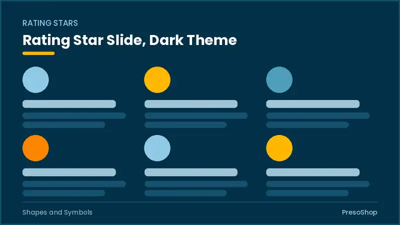 Editable PowerPoint rating star slide template in a dark theme, built from recolourable native shapes for shapes and symbols decks