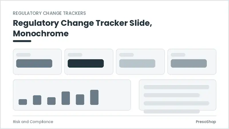 Editable PowerPoint regulatory change tracker slide template in a monochrome treatment, built from recolourable native shapes for risk and compliance decks