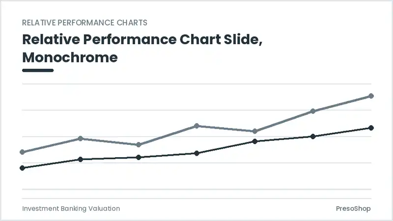 Editable PowerPoint relative performance chart slide template in a monochrome treatment, built from recolourable native shapes for investment banking valuation decks