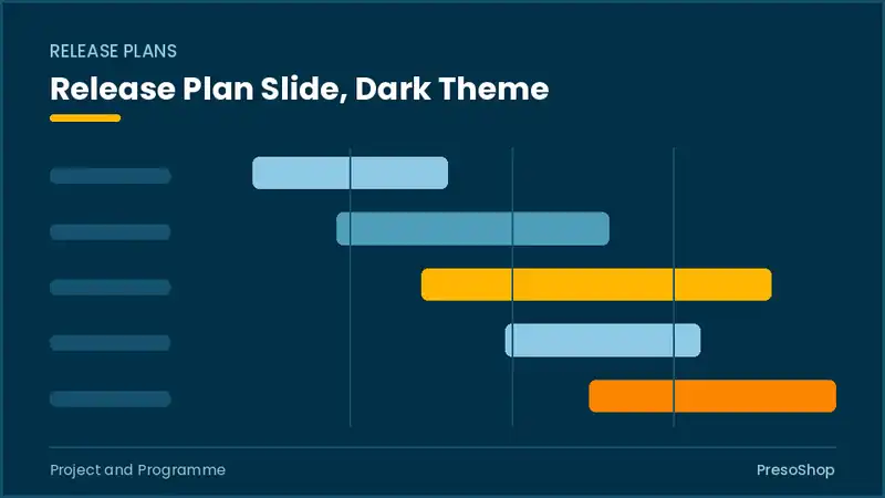 Editable PowerPoint release plan slide template in a dark theme, built from recolourable native shapes for project and programme decks
