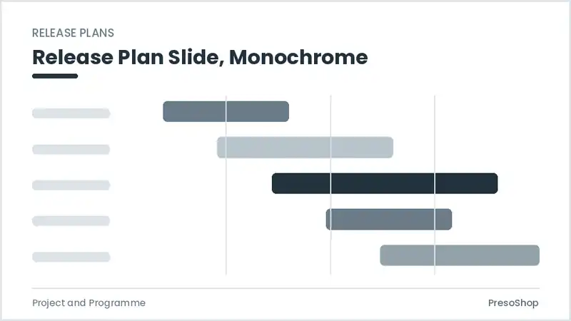 Editable PowerPoint release plan slide template in a monochrome treatment, built from recolourable native shapes for project and programme decks
