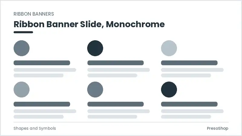 Editable PowerPoint ribbon banner slide template in a monochrome treatment, built from recolourable native shapes for shapes and symbols decks