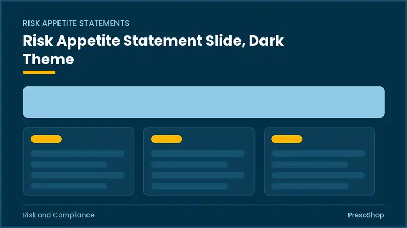 Editable PowerPoint risk appetite statement slide template in a dark theme, built from recolourable native shapes for risk and compliance decks