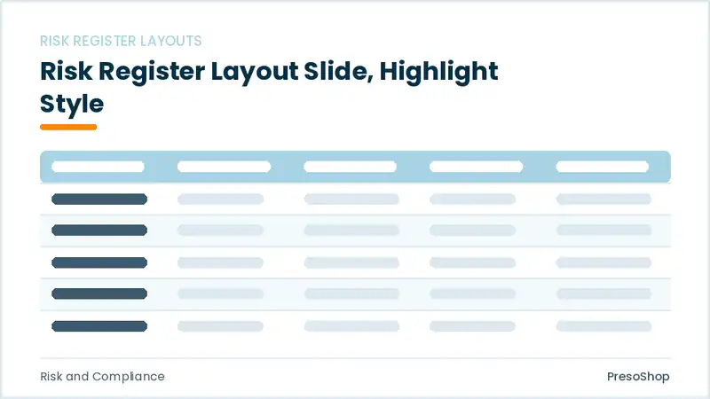 Editable PowerPoint risk register layout slide template with an accented takeaway, built from recolourable native shapes for risk and compliance decks