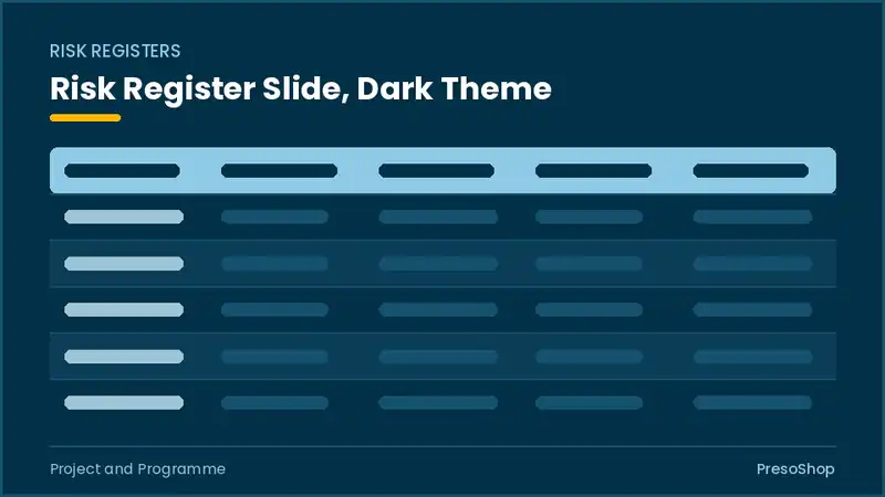 Editable PowerPoint risk register slide template in a dark theme, built from recolourable native shapes for project and programme decks