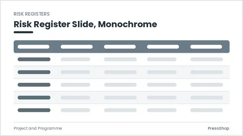 Editable PowerPoint risk register slide template in a monochrome treatment, built from recolourable native shapes for project and programme decks