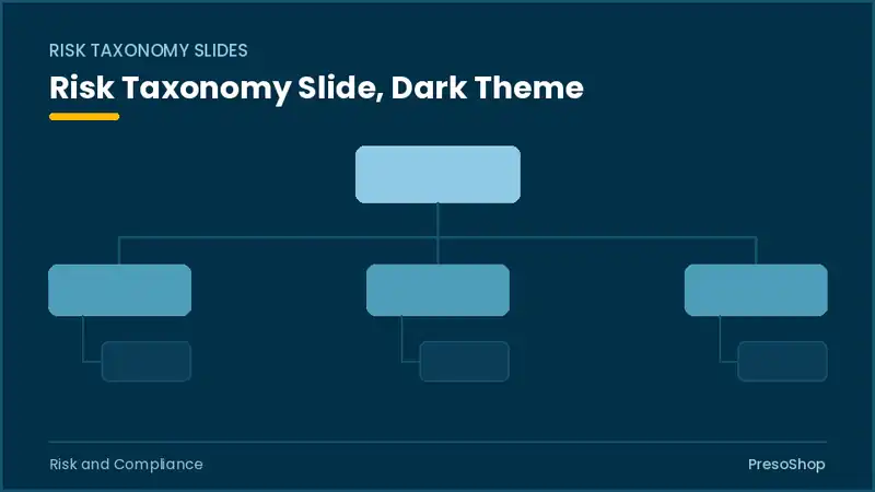 Editable PowerPoint risk taxonomy slide template in a dark theme, built from recolourable native shapes for risk and compliance decks