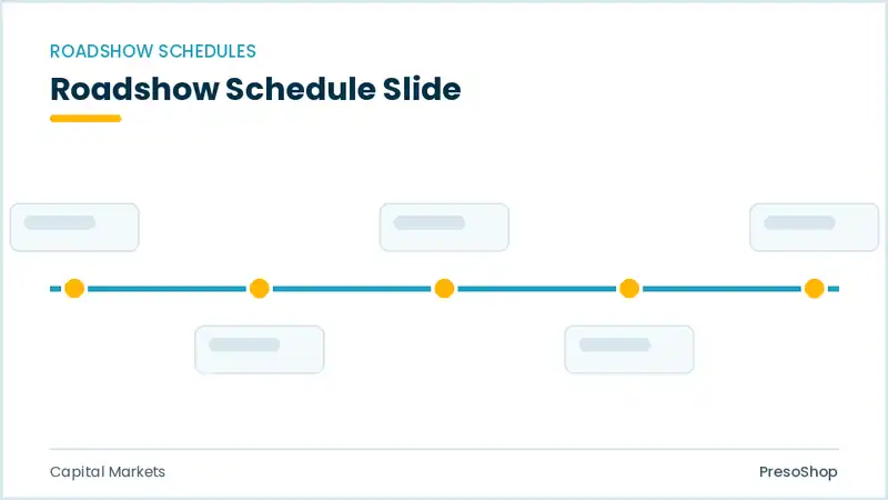 Editable PowerPoint roadshow schedule slide template, built from recolourable native shapes for capital markets decks