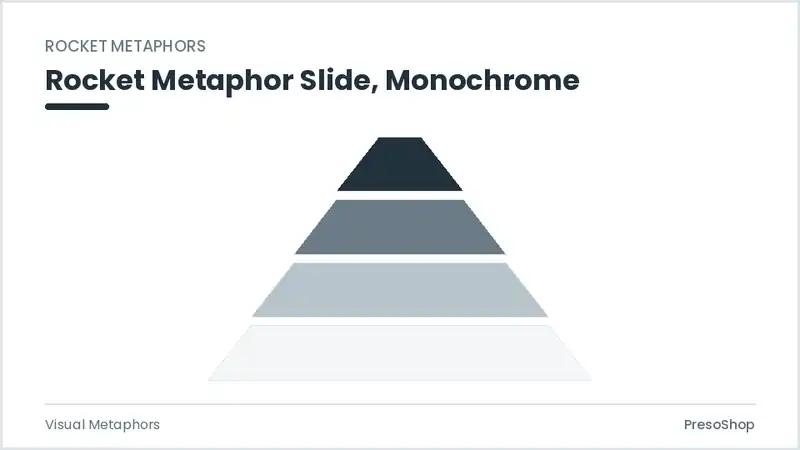 Editable PowerPoint rocket metaphor slide template in a monochrome treatment, built from recolourable native shapes for visual metaphors decks
