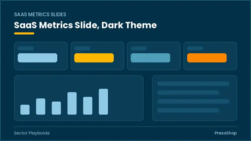 Editable PowerPoint saas metrics slide template in a dark theme, built from recolourable native shapes for sector playbooks decks