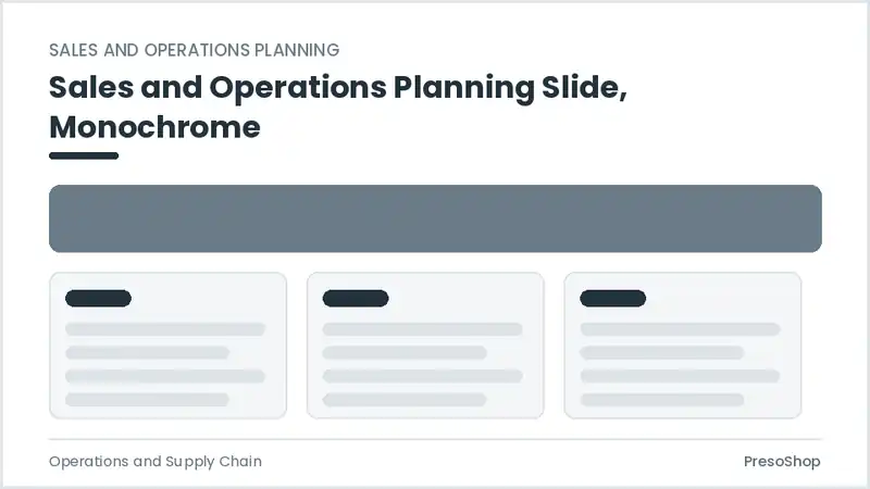 Editable PowerPoint sales and operations planning slide template in a monochrome treatment, built from recolourable native shapes for operations and supply chain decks