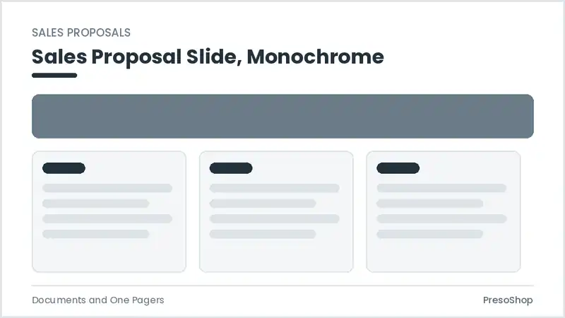 Editable PowerPoint sales proposal slide template in a monochrome treatment, built from recolourable native shapes for documents and one pagers decks