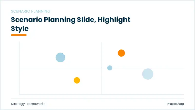 Editable PowerPoint scenario planning slide template with an accented takeaway, built from recolourable native shapes for strategy frameworks decks