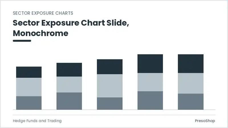 Editable PowerPoint sector exposure chart slide template in a monochrome treatment, built from recolourable native shapes for hedge funds and trading decks