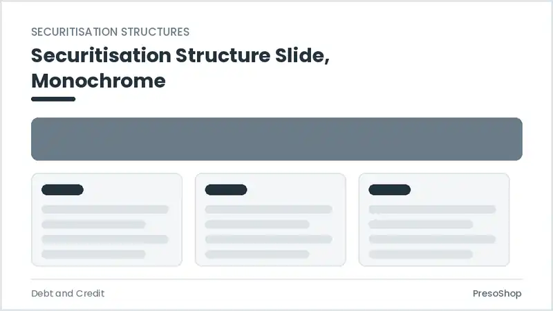 Editable PowerPoint securitisation structure slide template in a monochrome treatment, built from recolourable native shapes for debt and credit decks