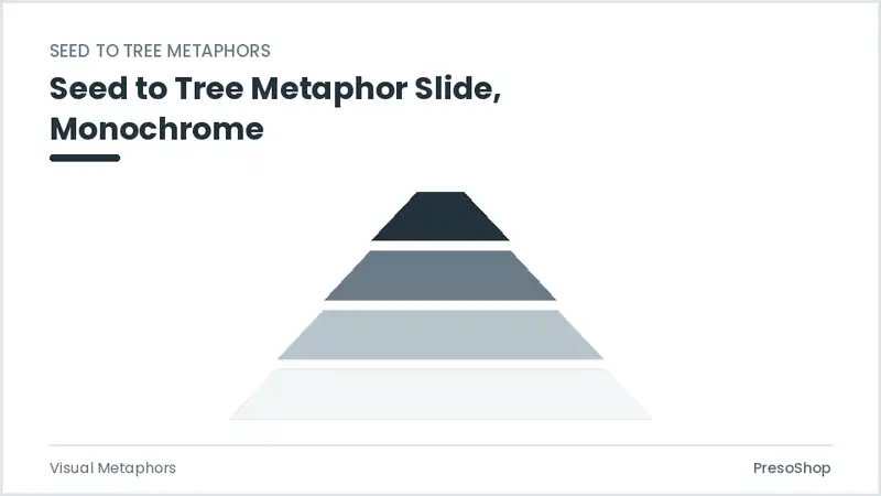 Editable PowerPoint seed to tree metaphor slide template in a monochrome treatment, built from recolourable native shapes for visual metaphors decks