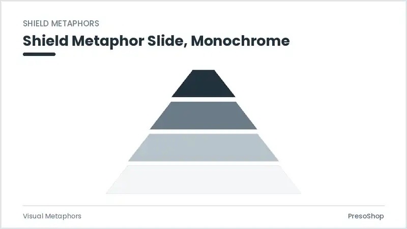 Editable PowerPoint shield metaphor slide template in a monochrome treatment, built from recolourable native shapes for visual metaphors decks