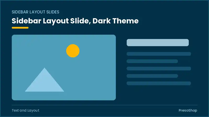 Editable PowerPoint sidebar layout slide template in a dark theme, built from recolourable native shapes for text and layout decks