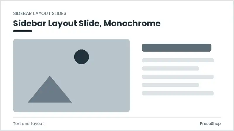 Editable PowerPoint sidebar layout slide template in a monochrome treatment, built from recolourable native shapes for text and layout decks