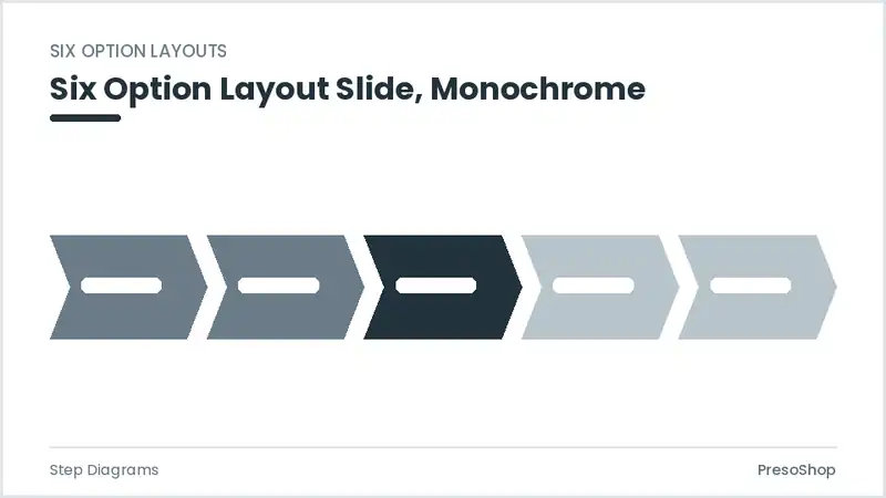 Editable PowerPoint six option layout slide template in a monochrome treatment, built from recolourable native shapes for step diagrams decks